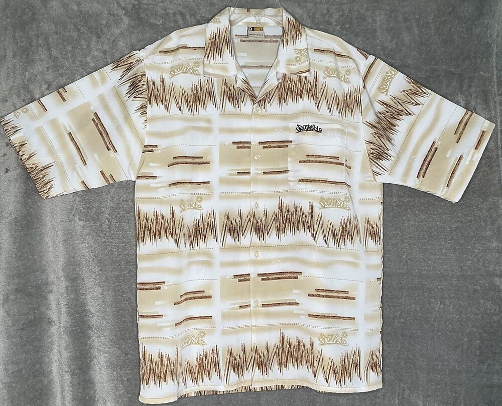 Southpole Size Large Short Sleeve Button Up Tan & Brown Abstract Print Shirt